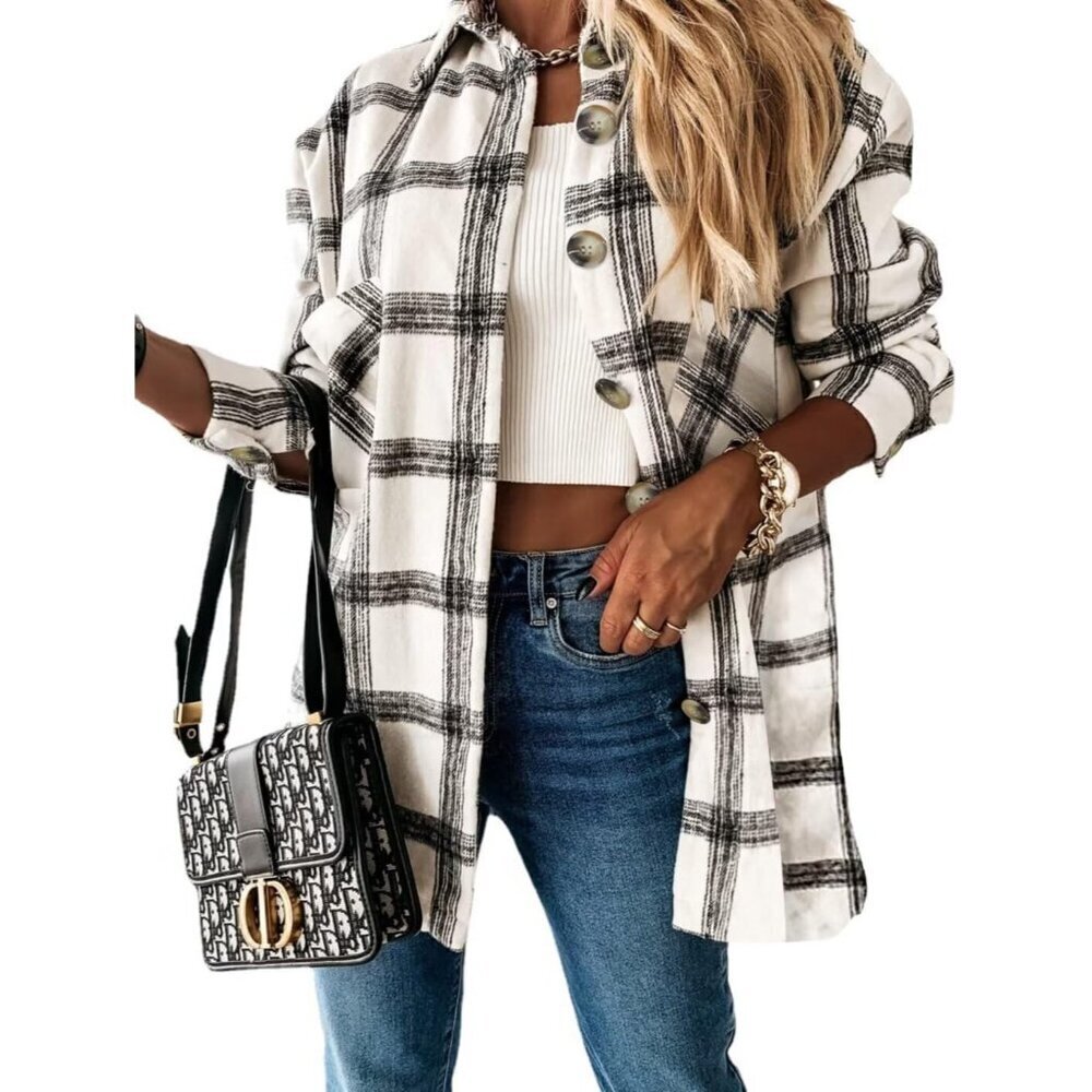 Women White Collared V Neck Button Down Oversized Long Sleeve Shirt Top